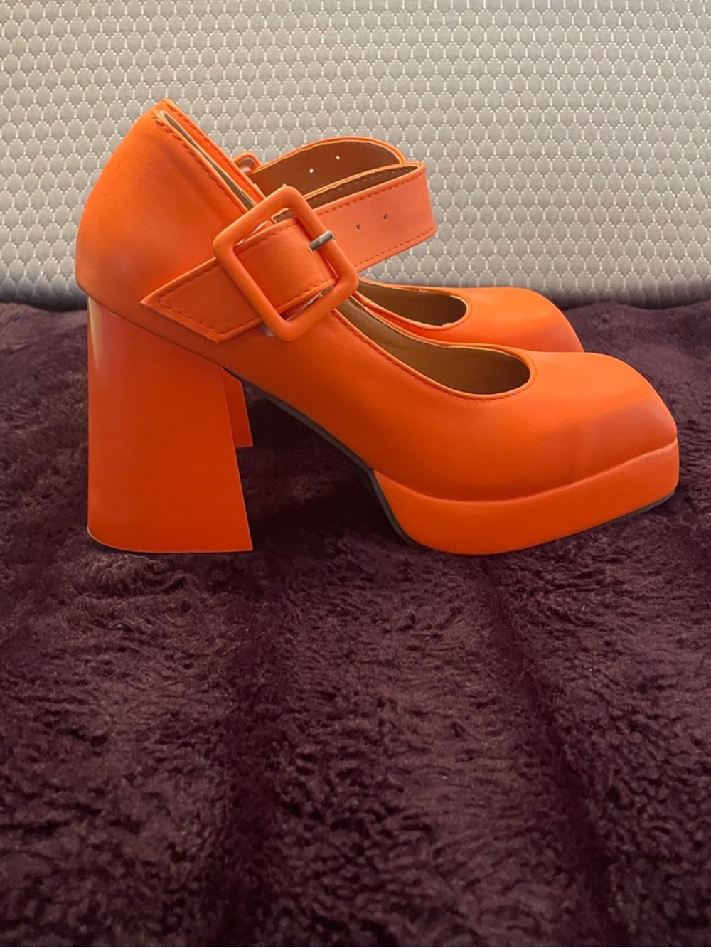 Orange Mary Jane Block Heel Pumps - Women's